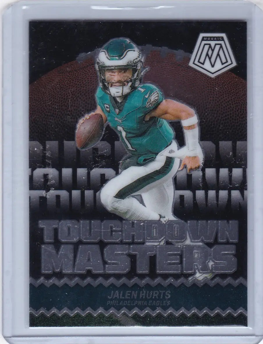 Football trading card of Jalen Hurts in Eagles uniform from Panini Mosaic Touchdown Masters