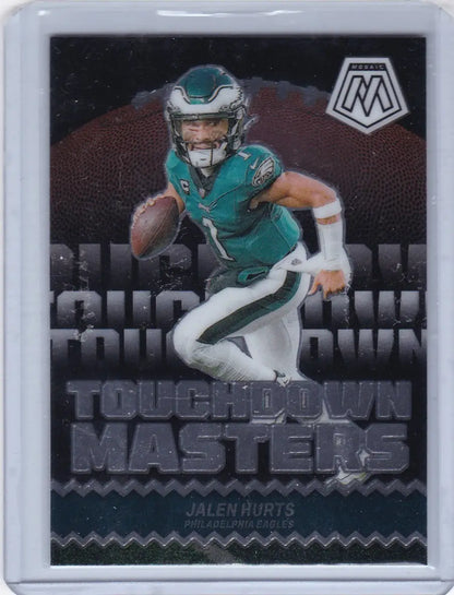 Football trading card of Jalen Hurts in Eagles uniform from Panini Mosaic Touchdown Masters