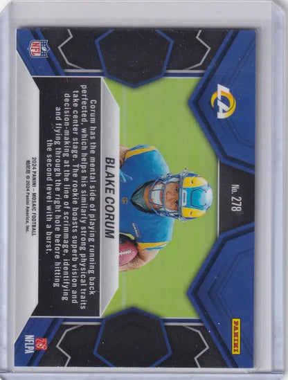 Football trading card of Blake Corum from 2024 Panini Mosiac NFL Debut Los Angeles Rams
