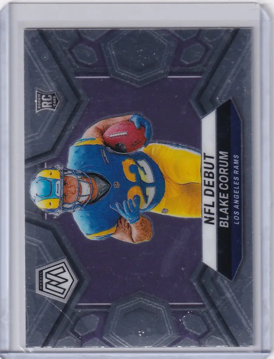 Football trading card featuring Blake Corum in Los Angeles Rams uniform from Panini Mosaic NFL Debut