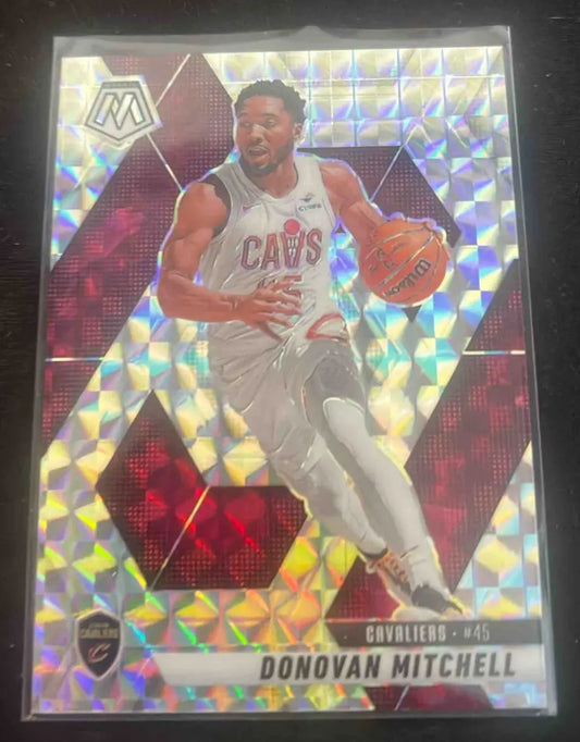 Donovan Mitchell basketball trading card with mosaic holographic design, 2024 Panini Mosiac Silver Prism