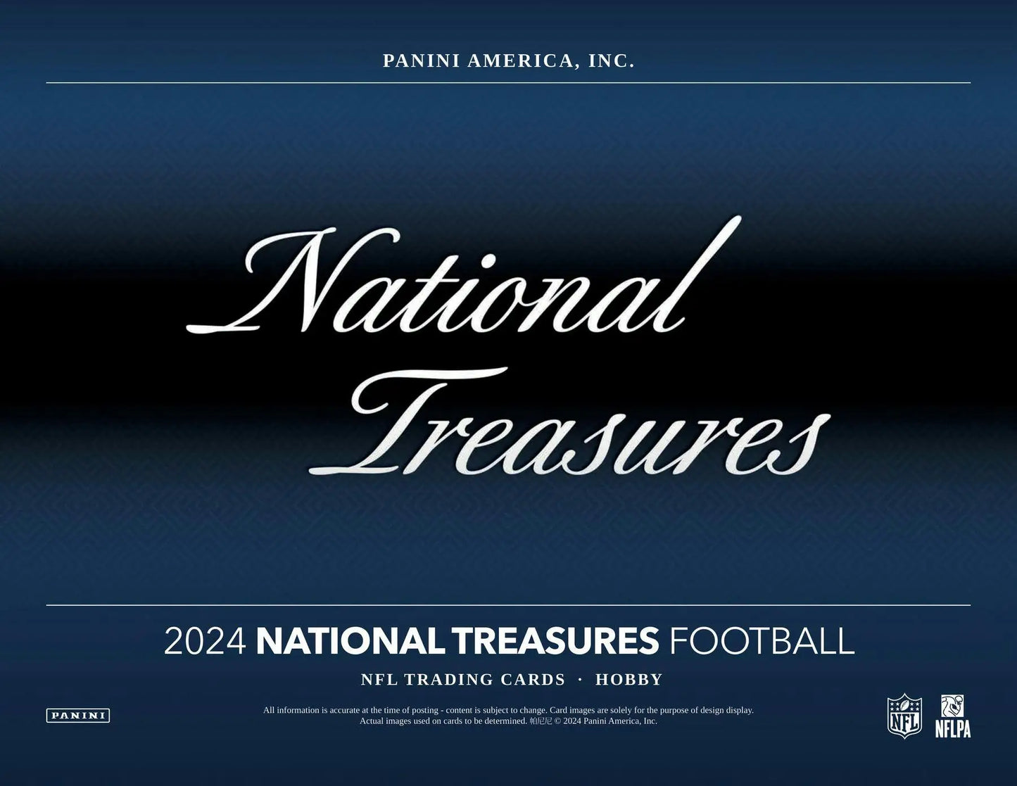 Promotional material for 2024 Panini National Treasures Football hobby box featuring NFL shield and rookie patch autographs