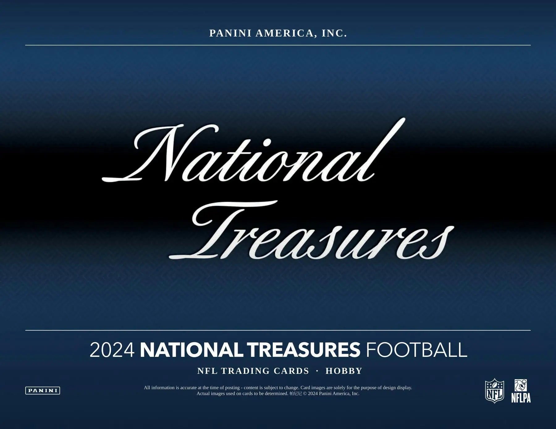 Promotional material for 2024 Panini National Treasures Football hobby box featuring NFL shield and rookie patch autographs