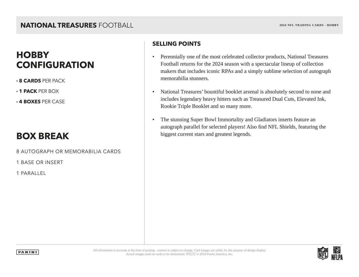Product sheet for 2024 Panini National Treasures Football Hobby Box featuring NFL Shield and Rookie Patch Autographs
