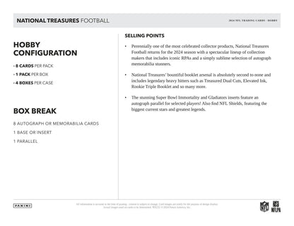 Product sheet for 2024 Panini National Treasures Football Hobby Box featuring NFL Shield and Rookie Patch Autographs