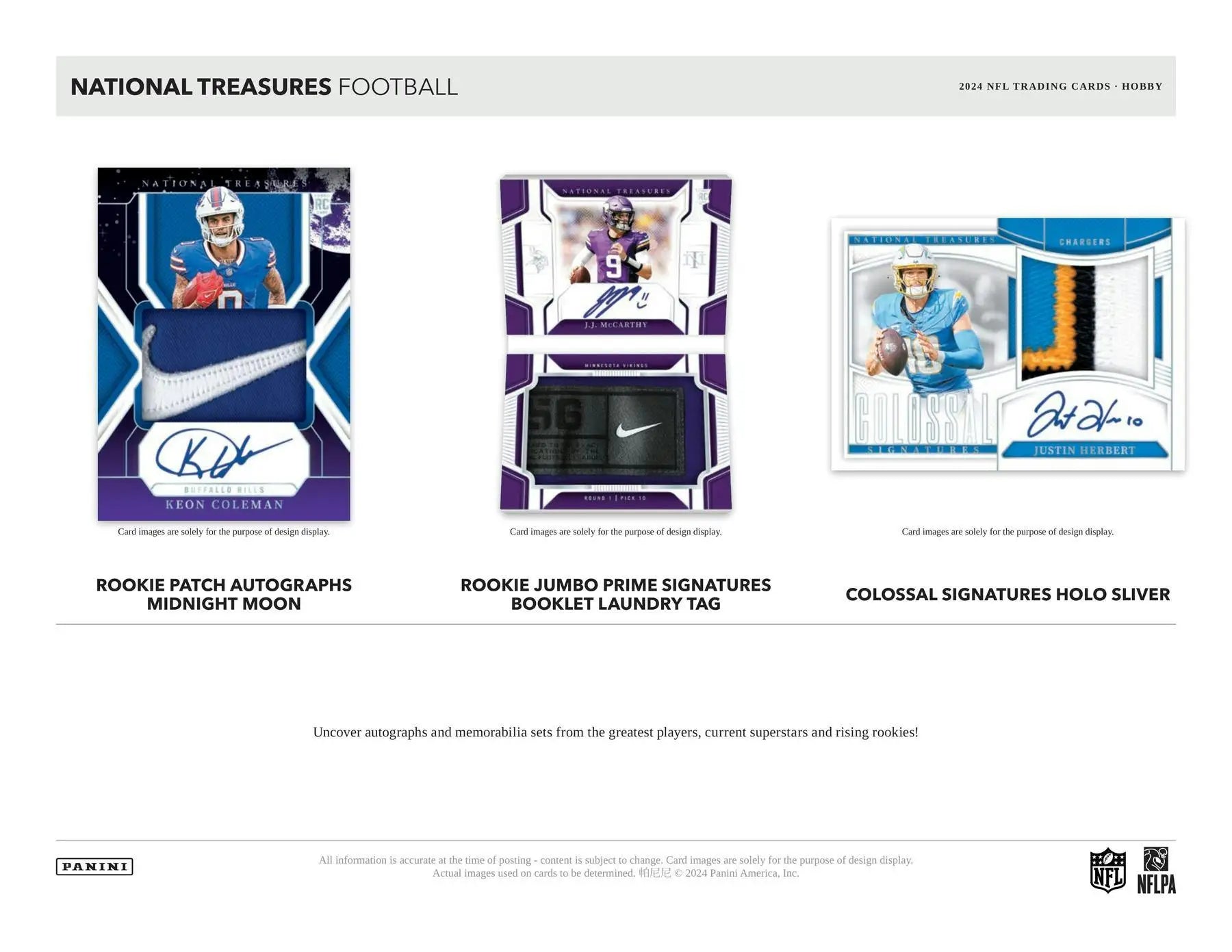 Promotional brochure for National Treasures Football trading cards featuring NFL shield and rookie patch autographs