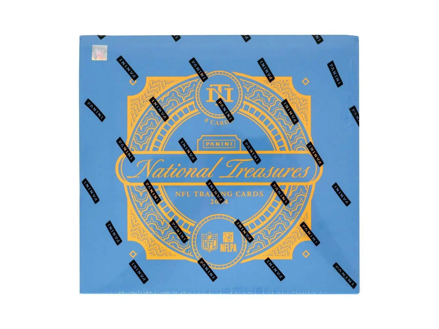 Sealed 2024 Panini National Treasures NFL trading cards box with NFL shield and rookie patch autographs