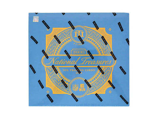 Sealed 2024 Panini National Treasures NFL trading cards box with NFL shield and rookie patch autographs