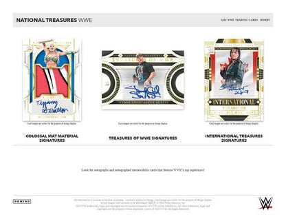 Three WWE trading cards from Panini National Treasures within the 2024 Hobby Box