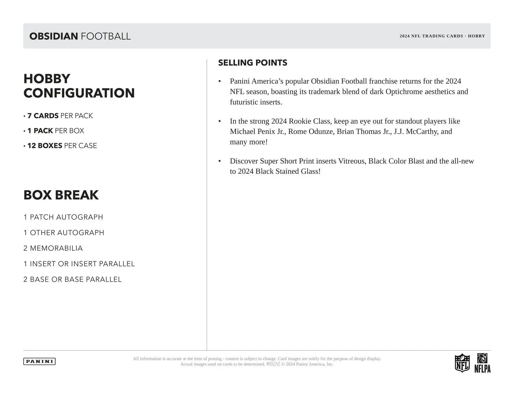 Obsidian Football hobby box featuring 2024 Panini Obsidian Football product details