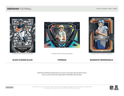 Football trading cards from 2024 Panini Obsidian Football Hobby Box featuring Obsidian Football design