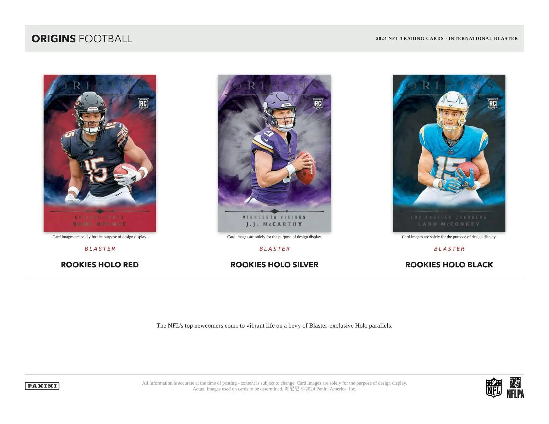 Football rookie cards with blaster-exclusive holo parallels in the 2024 Panini Origins Blaster Box