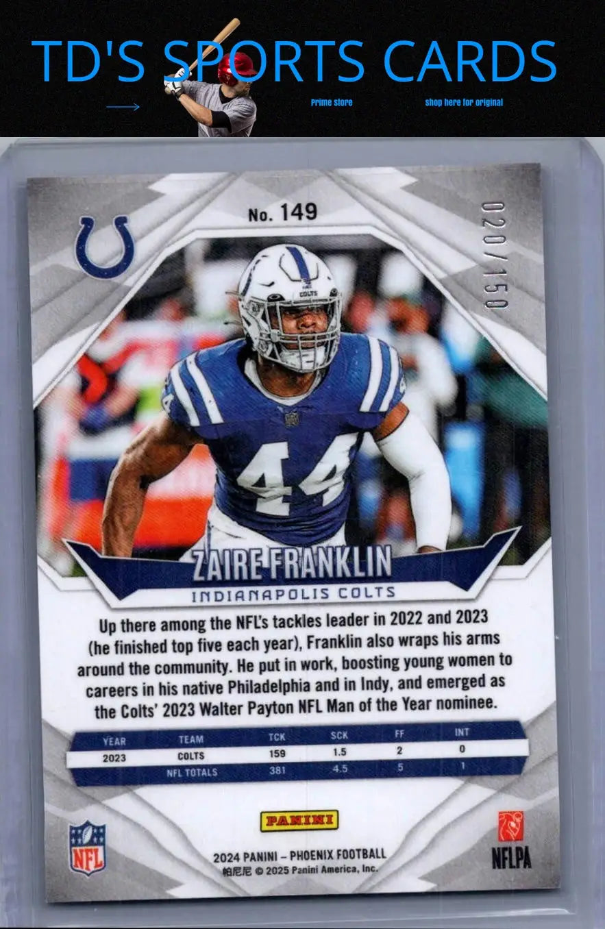 Zaire Franklin NFL football card featuring Franklin NFL shield in 2024 Panini Phoenix set