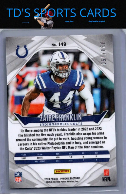 Zaire Franklin NFL football card featuring Franklin NFL shield in 2024 Panini Phoenix set