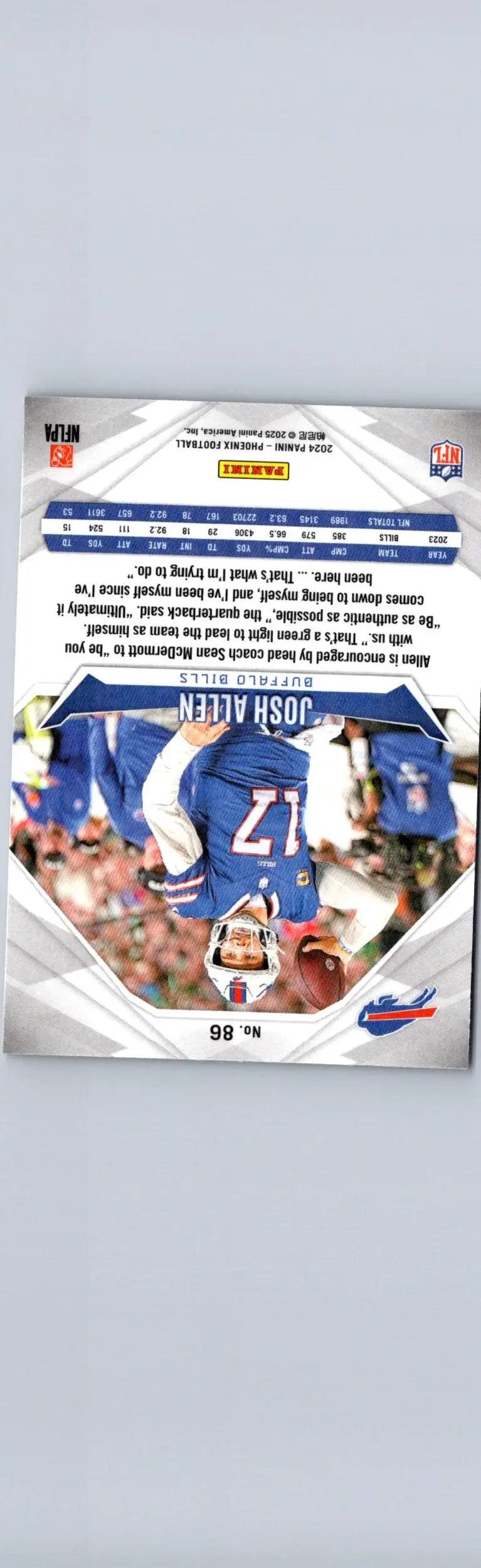 Josh Allen football card from 2024 Panini Phoenix series showcasing rookie memorabilia