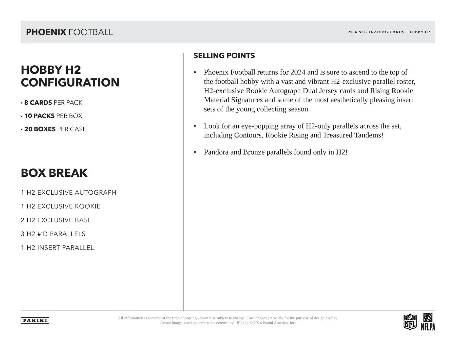 Phoenix Football Hobby H2 configuration showing two base cards in the 2024 Panini Phoenix Football box