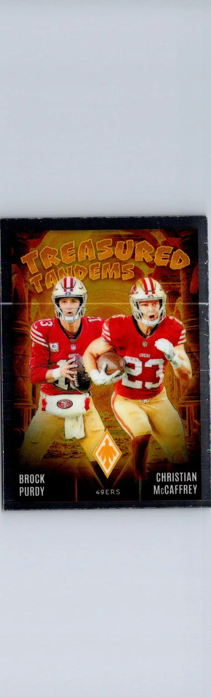 Football card featuring Brock Purdy and Christian McCaffrey Treasured Tandems