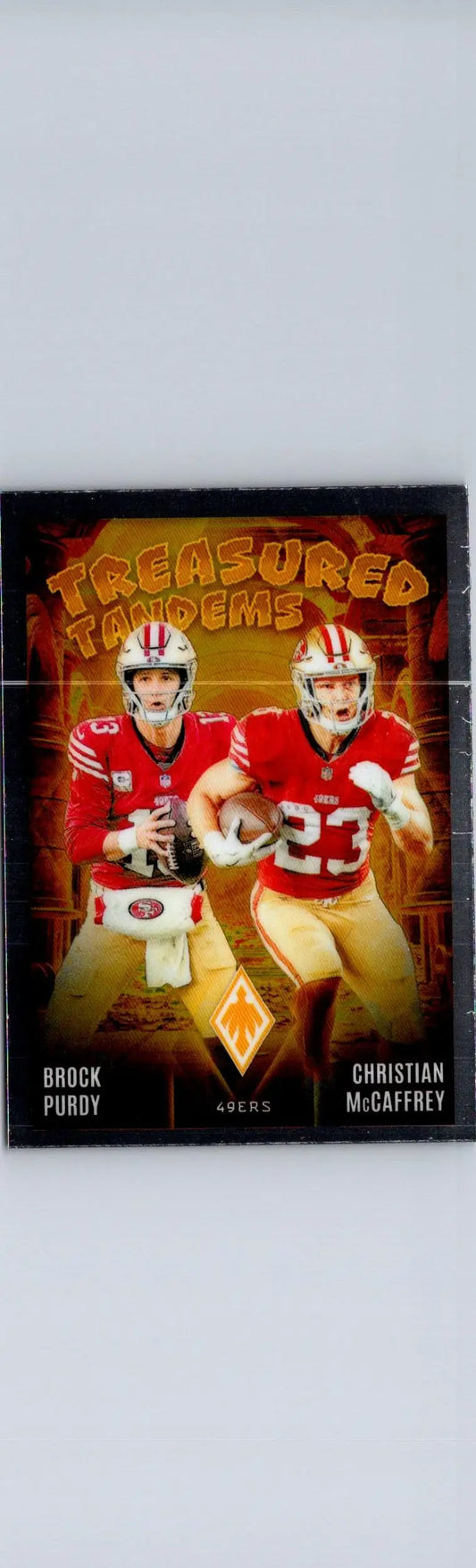 Football card featuring Brock Purdy and Christian McCaffrey Treasured Tandems