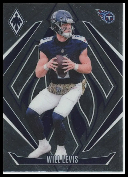 Modern football card featuring Will Levis in Tennessee Titans uniform holding a football