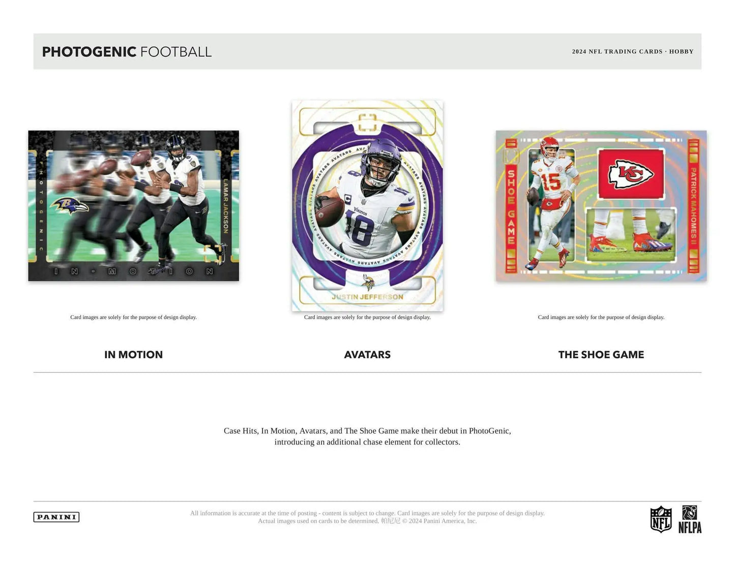 Football trading cards from 2024 Panini Photogenic Hobby Box featuring 200-card base set
