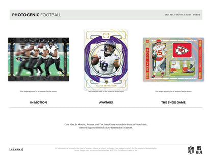 Football trading cards from 2024 Panini Photogenic Hobby Box featuring 200-card base set