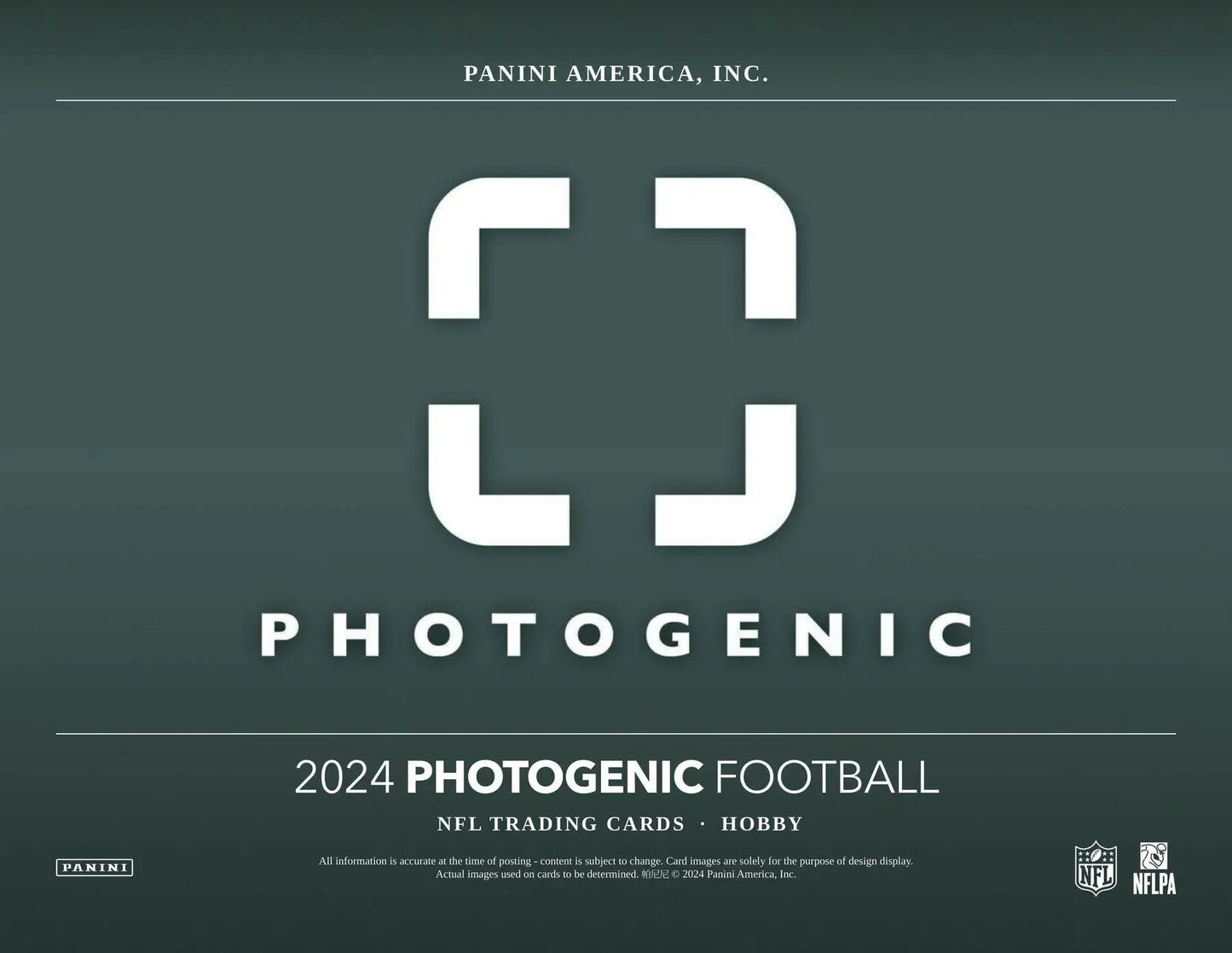 Football trading card design from 2024 Panini Photogenic Football Hobby Box featuring 200-card base set and five rookies