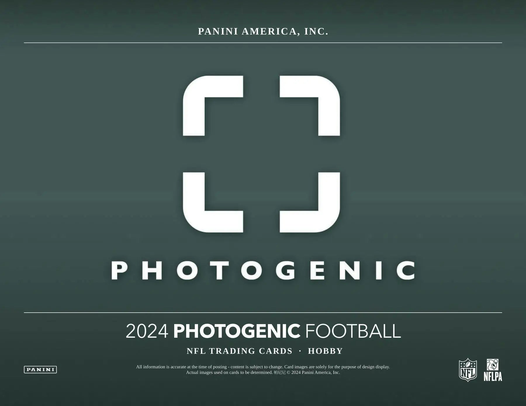 Football trading card design from 2024 Panini Photogenic Football Hobby Box featuring 200-card base set and five rookies
