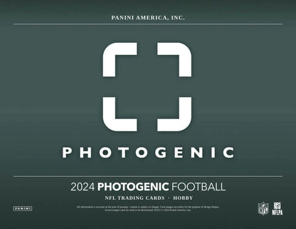 Football trading card design from 2024 Panini Photogenic Football Hobby Box featuring 200-card base set and five rookies