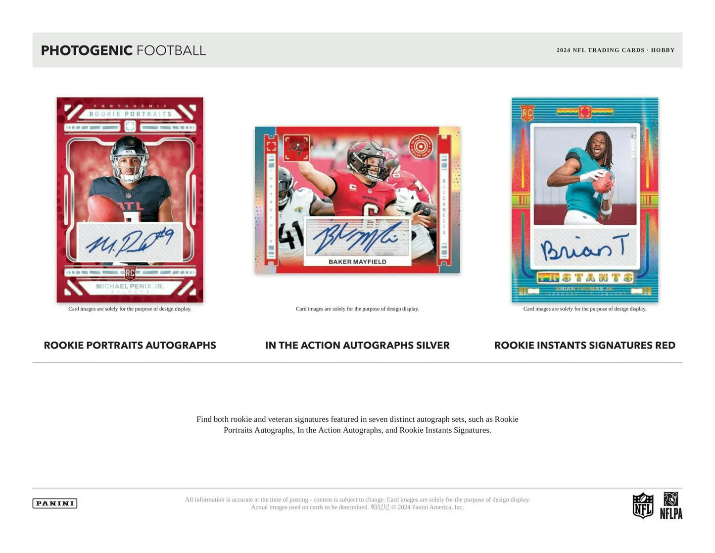 Image of three football trading cards from 2024 Panini Photogenic Hobby Box featuring 200-card base set and five rookies