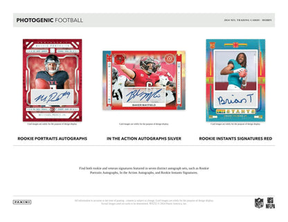 Image of three football trading cards from 2024 Panini Photogenic Hobby Box featuring 200-card base set and five rookies