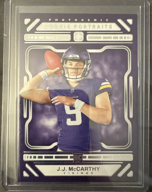 J.J. McCarthy rookie football card from 2024 Panini Photogenic McCarthy rookie portraits