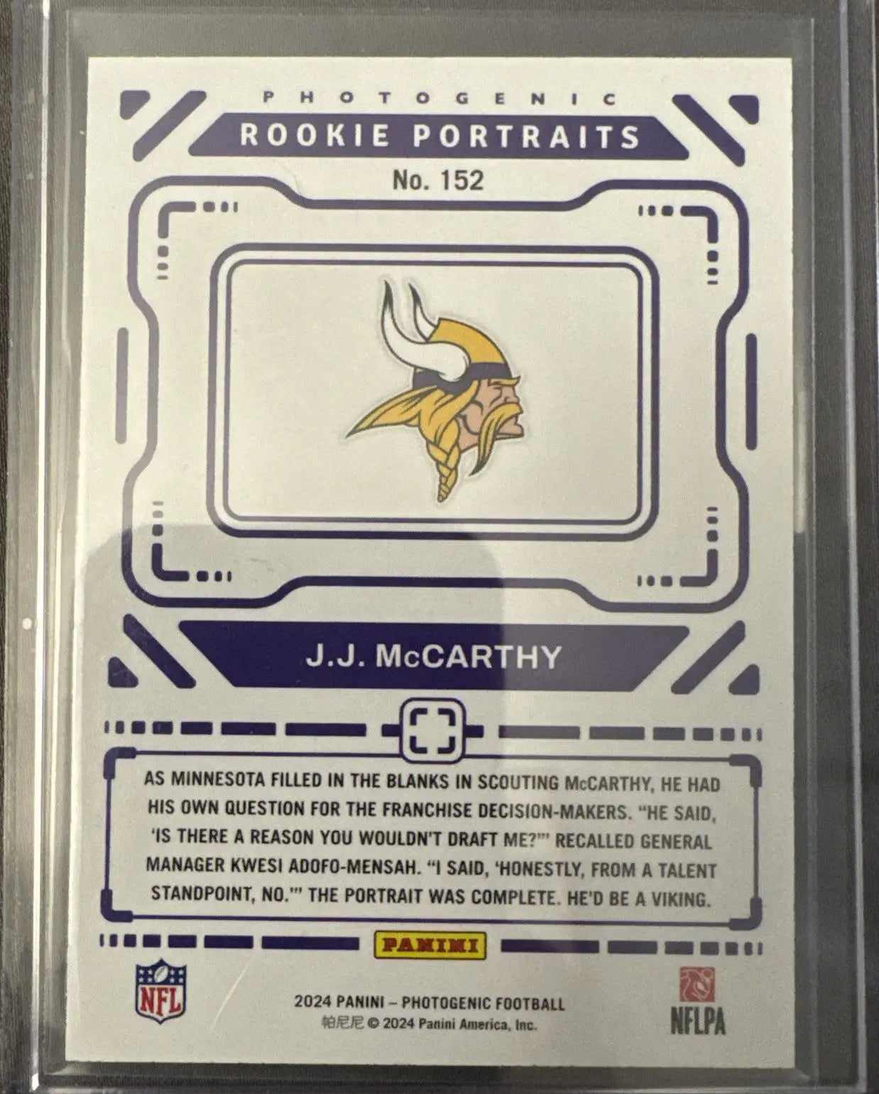 J.J. McCarthy Rookie Portraits trading card from 2024 Panini Photogenic collection