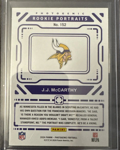J.J. McCarthy Rookie Portraits trading card from 2024 Panini Photogenic collection