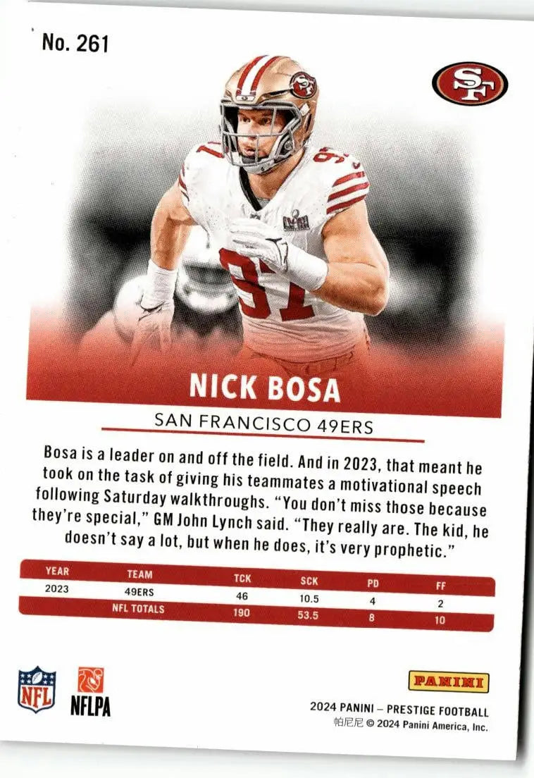 Collectible Nick Bosa football card from Panini Prestige 2024 with 2023 and career stats
