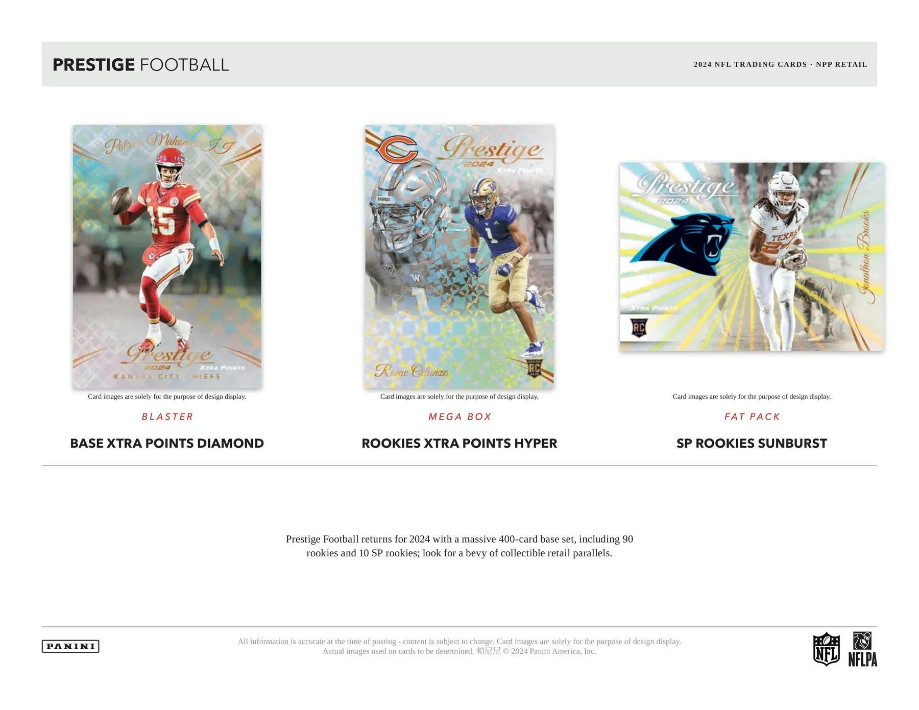 Football trading cards from 2024 Panini Prestige Football Blaster packaging, collectible prestige football cards