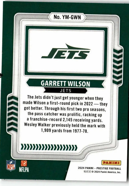 Back of a Garrett Wilson New York Jets football card from 2024 Panini Prestige Wilson Youth Movement series