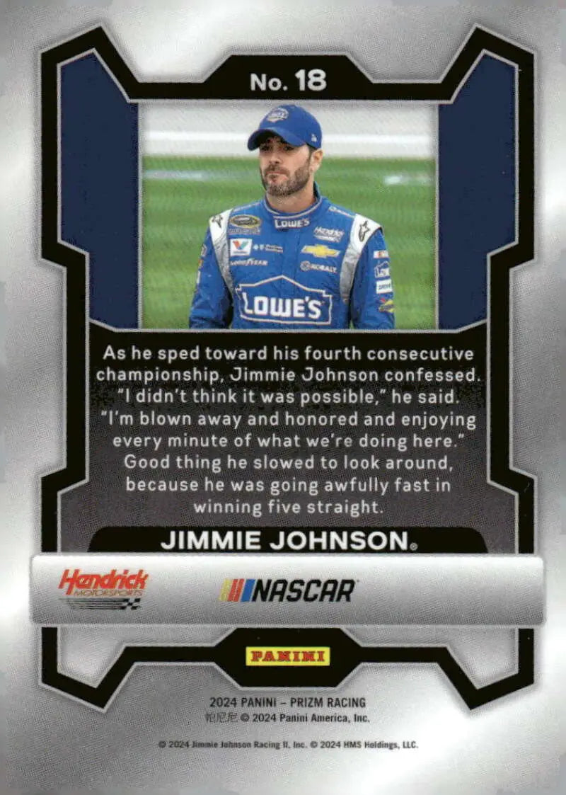 Jimmie Johnson Panini Prizm racing card featuring Jimmie Johnson from Lowe’s and Hendrick Motorsports