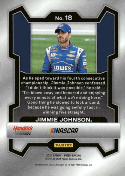 Jimmie Johnson Panini Prizm racing card featuring Jimmie Johnson from Lowe’s and Hendrick Motorsports