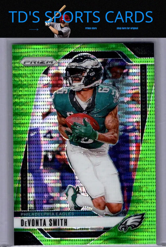 Devonta Smith football card from 2024 Panini Prizm with Devonta Smith Neon Green Pulsar