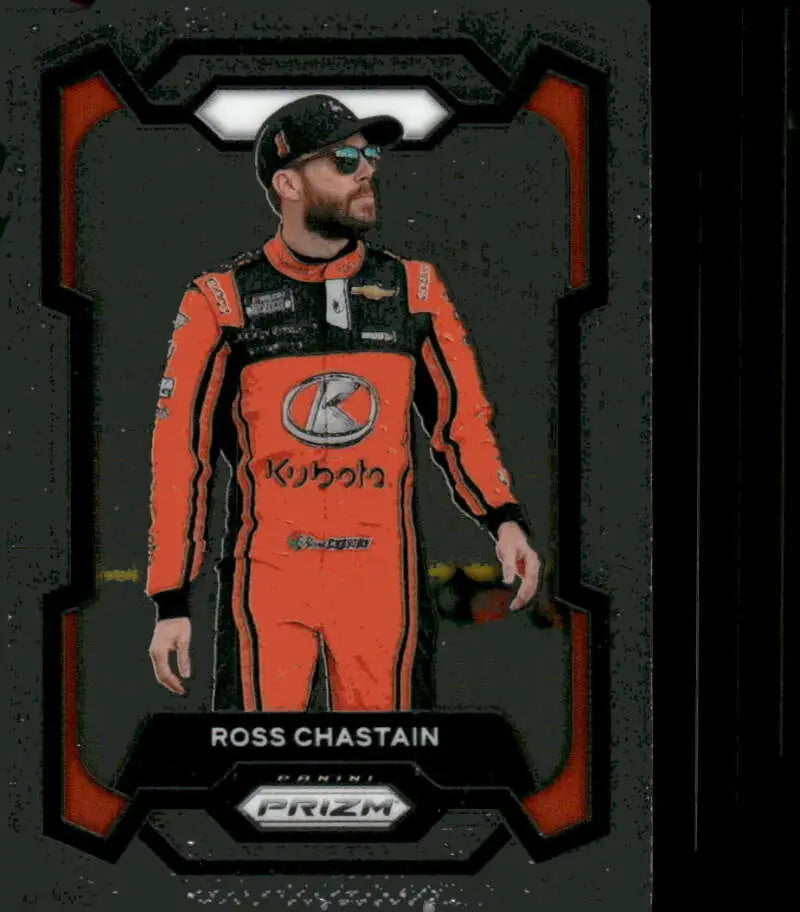 Ross Chastain trading card from 2024 Panini Prizm featuring Kubota Trackhouse Racing