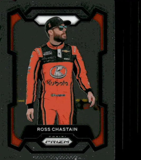 Ross Chastain trading card from 2024 Panini Prizm featuring Kubota Trackhouse Racing