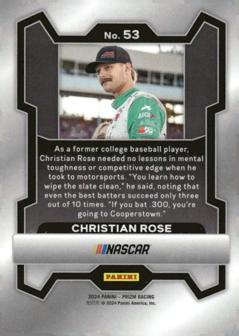 Christian Rose NASCAR trading card from 2024 Panini Prizm featuring Visit West Virginia