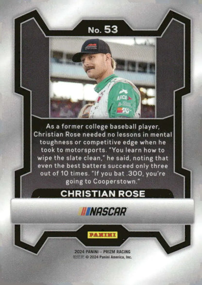 Christian Rose NASCAR trading card from 2024 Panini Prizm featuring Visit West Virginia