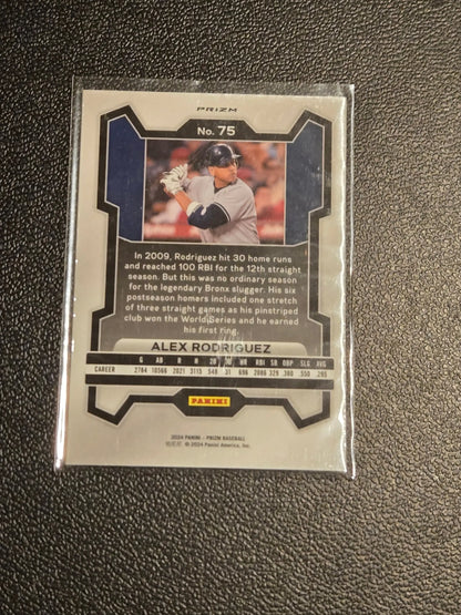 Alex Rodriguez Green Prizms baseball card in protective sleeve from Panini Prizm 2024