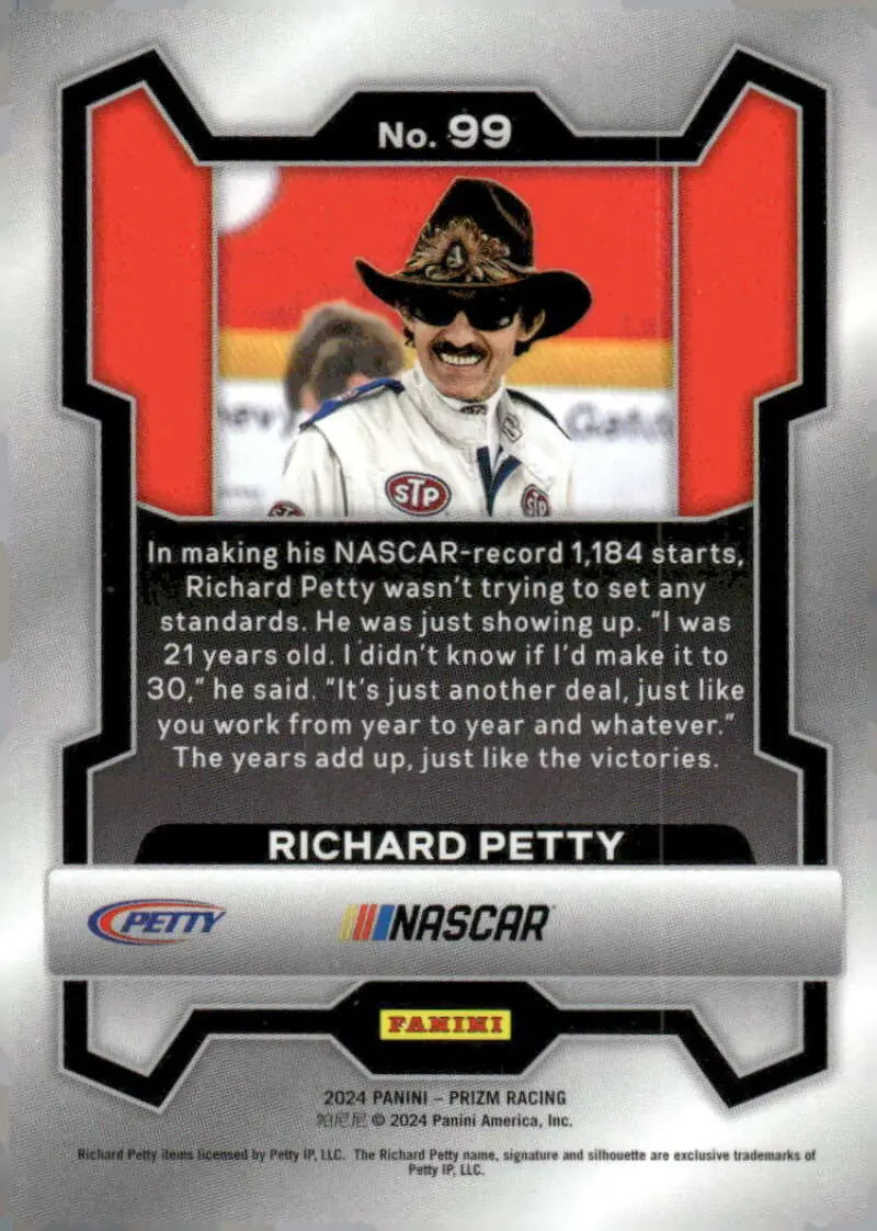NASCAR trading card of Richard Petty from 2024 Panini Prizm featuring STP Petty Enterprises Plymouth