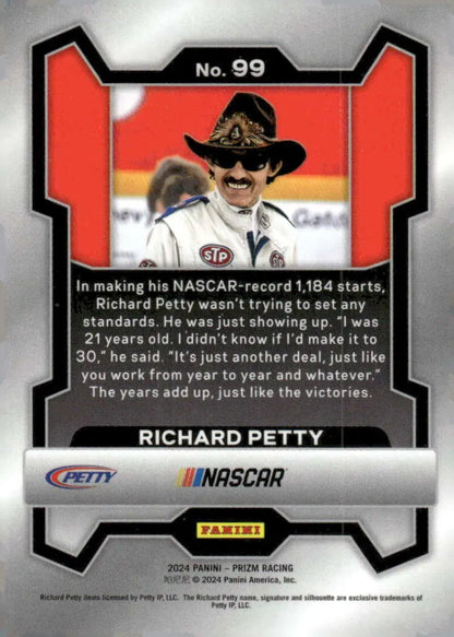 NASCAR trading card of Richard Petty from 2024 Panini Prizm featuring STP Petty Enterprises Plymouth