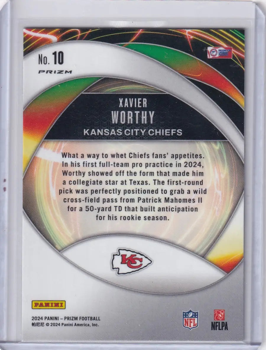 Back of a Xavier Worthy Kansas City Chiefs Panini Prizm Cracked Ice trading card
