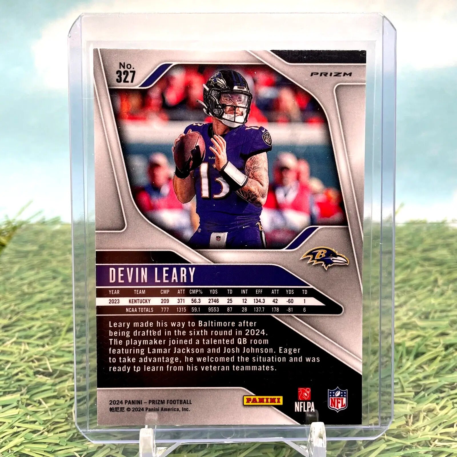 Devin Leary Silver Prizm RC football card from 2024 Panini Prizm product #317 Ravens