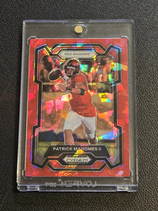 Patrick Mahomes II Red Raiders Prizm football card in protective case from Panini Prizm Draft Picks