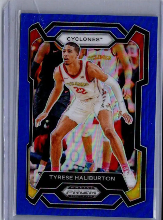 Blue Prizm basketball trading card of Tyrese Haliburton from Panini Prizm Draft Picks